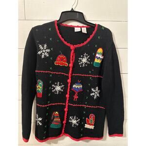 Cherokee Women’s Black Christmas Vintage Knit Sweater Size Medium Button Up